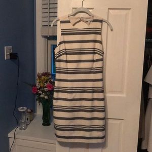 Cream and blue striped fitted dress